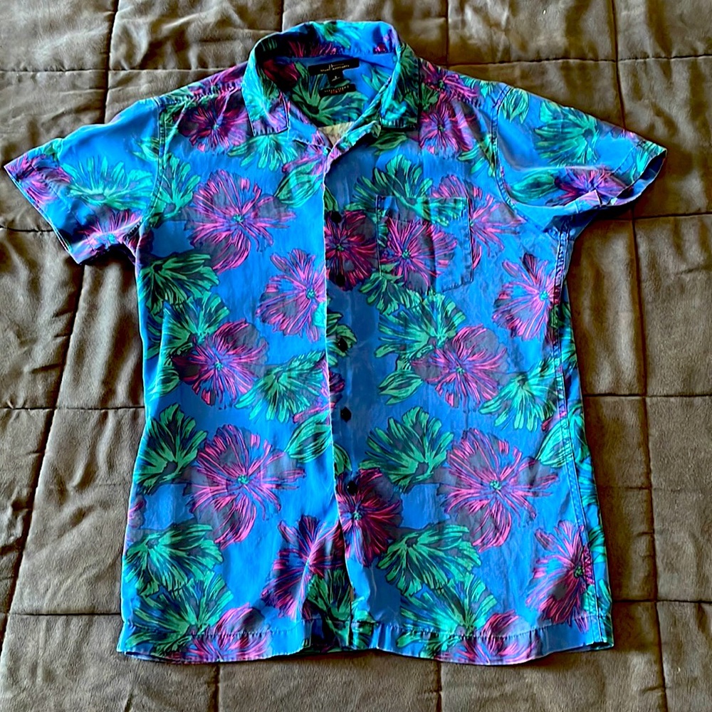 Floral Hawaiian Blue Button Up Shirt Marc Anthony